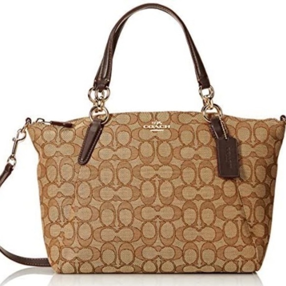 COACH Signature Jacquard Fabric Leather Tote Bag Beige/Brown Large